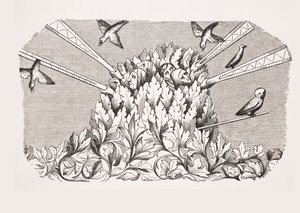 Vogelvangst met machine-achtige uitschuifbare armen, reproductie van een miniatuur in het 14e-eeuwse manuscript 